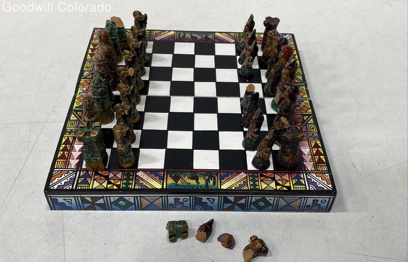 Hand Carved Ceramic Chess Set in Folding Wooden Case