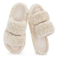 Women  s Pluffie Slippers with Arch Support  Memory Foam, Cozy Faux 7-8 Beige