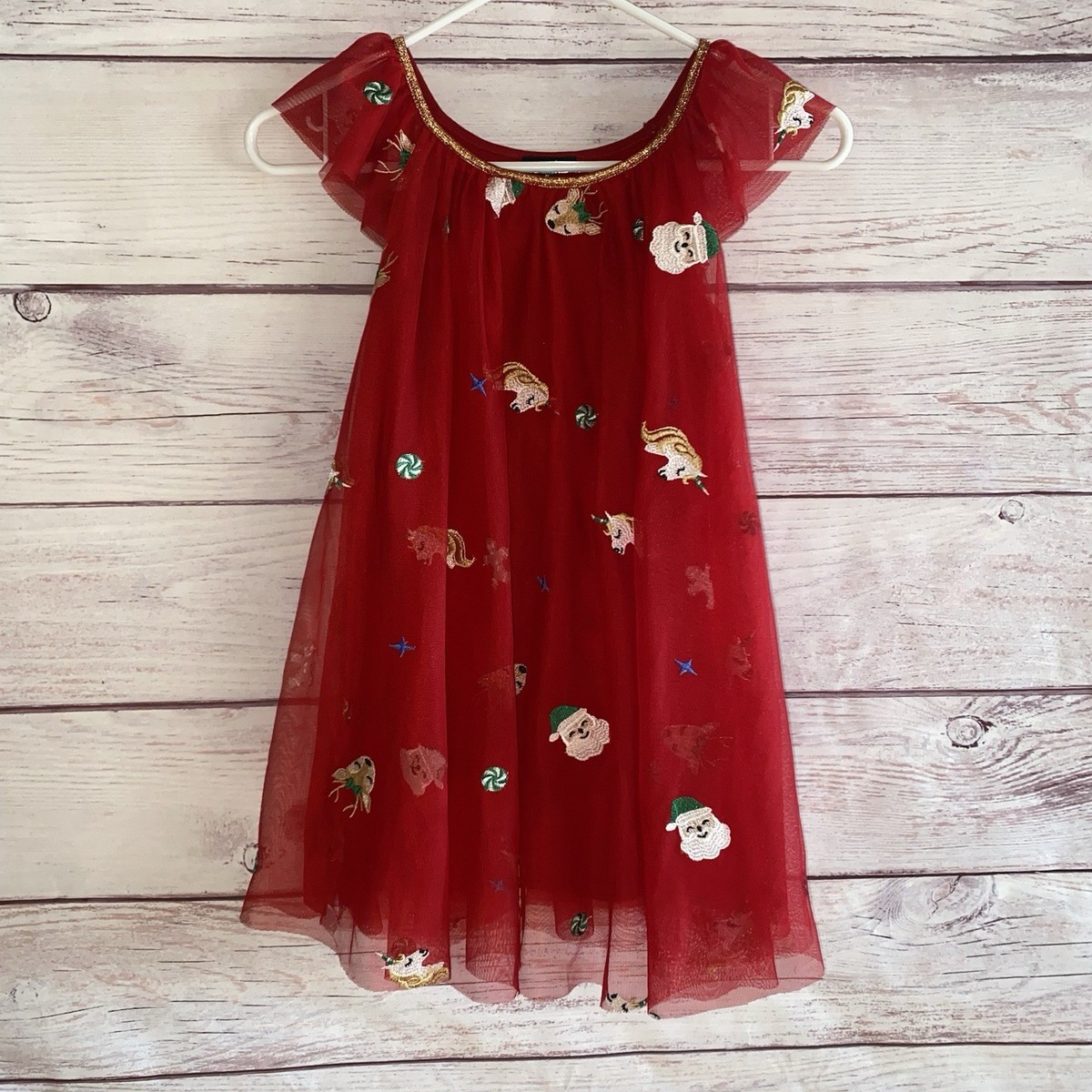 zunie christmas dresses Zunie Dress Girls 6 Red Tulle Embroidered Flutter Sleeve Reindeer Santa  Unicorn