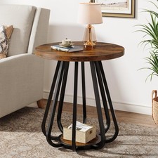 Small Round Side Table, 2-Tier Wooden End Table with Metal Frame for Living Room