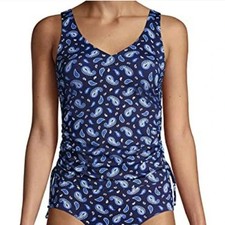 NWT Lands End V Neck Cinched Swim Tankini Top Deep Sea Navy Paisley sz 8