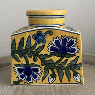 Yellow Ceramic Floral Vase Blue Flowers Green Leaves White Glossy, 6 inches tall