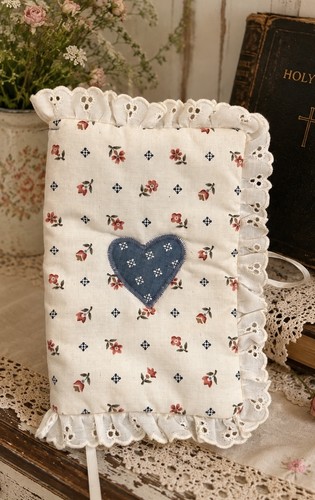Vintage Cottagecore Fabric Bible Cover Eyelet Lace Blue Heart Book Sleeve Bag