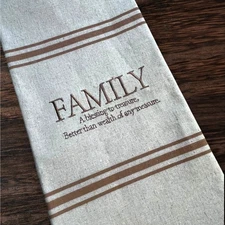 NWT Embroidered Linen Tea Towel Family Tan and Brown Kitchen Cottagecore Pioneer