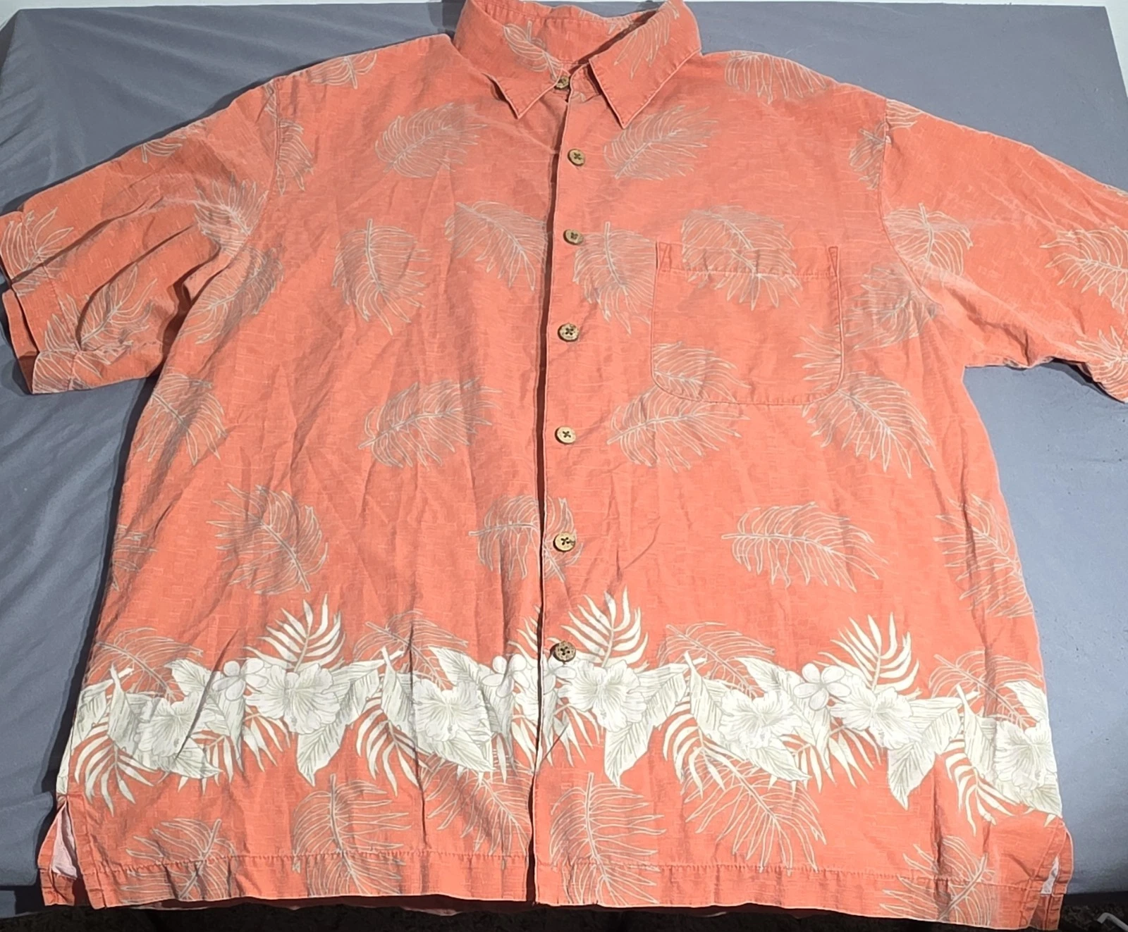 Caribbean Men's Floral Orange Silk Cotton Short Sleeve Button-Up Shirt L