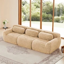 114'' Modular Sectional Sofa w/ Ottoman & Pillows, Plush Fabric, Light Khaki