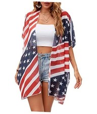 Women American Flag Kimono 4th of July Cover Up Lightweight Medium Flag-151
