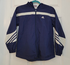 Y2K Adidas Girls Medium 10 12 Hooded Windbreaker Jacket Blue Full Zip Mesh Lined