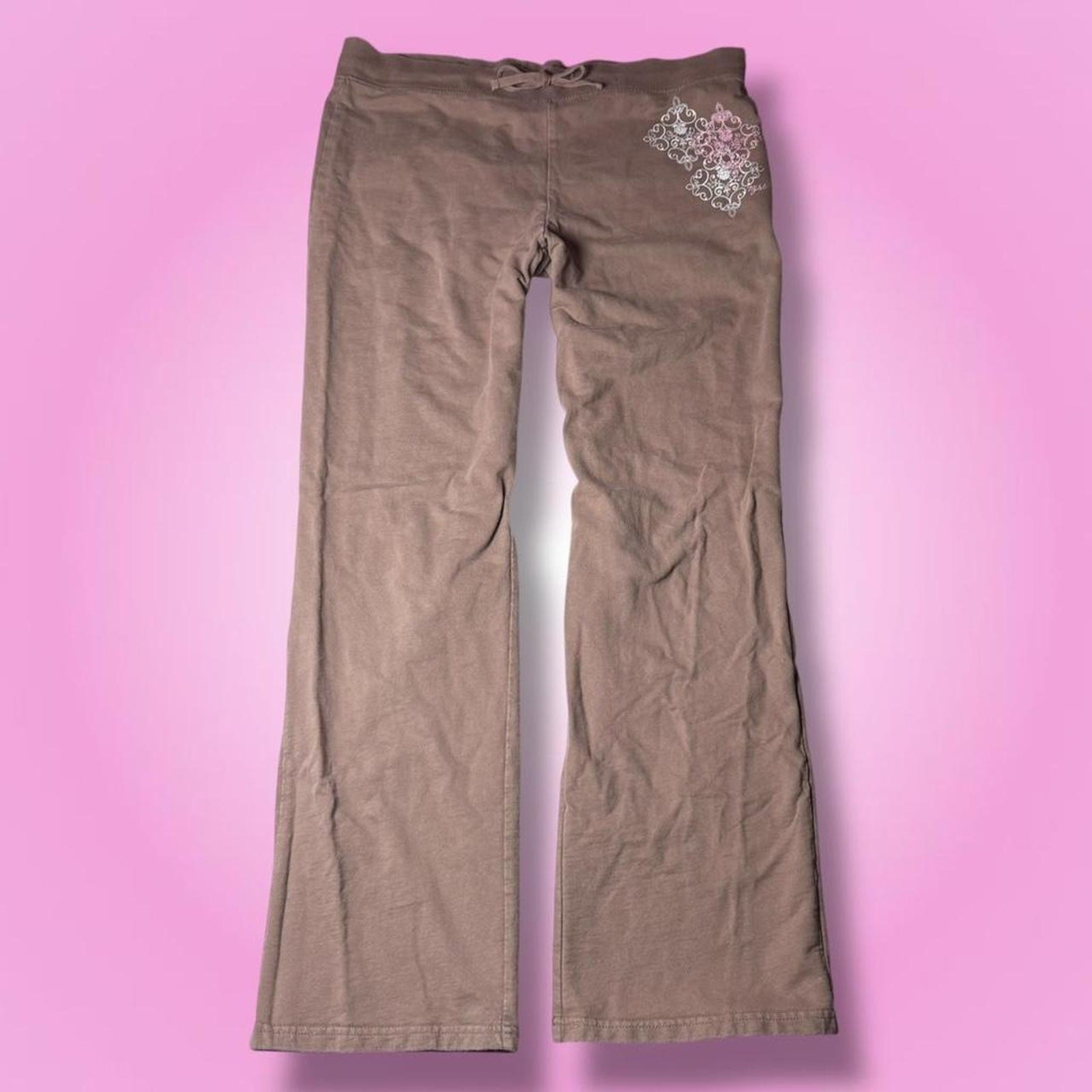 Y2K Low Rise Flared New York &Amp; Company Brown &Amp; Pink Embroidered Sweatpants
