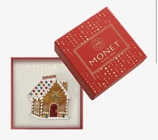 New Beautiful Monet Gold Tone Gingerbread House Pin Brooch Boxed Rhinestone