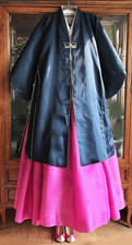 L-XL Traditional Korean Hanbok Dress Silk Durumagi Coat-Navy, Ivory Trim