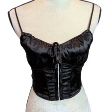 LA Hearts Women Sz XS Black Satin Floral Butterfly Corset Top Lace Up Goth Fairy
