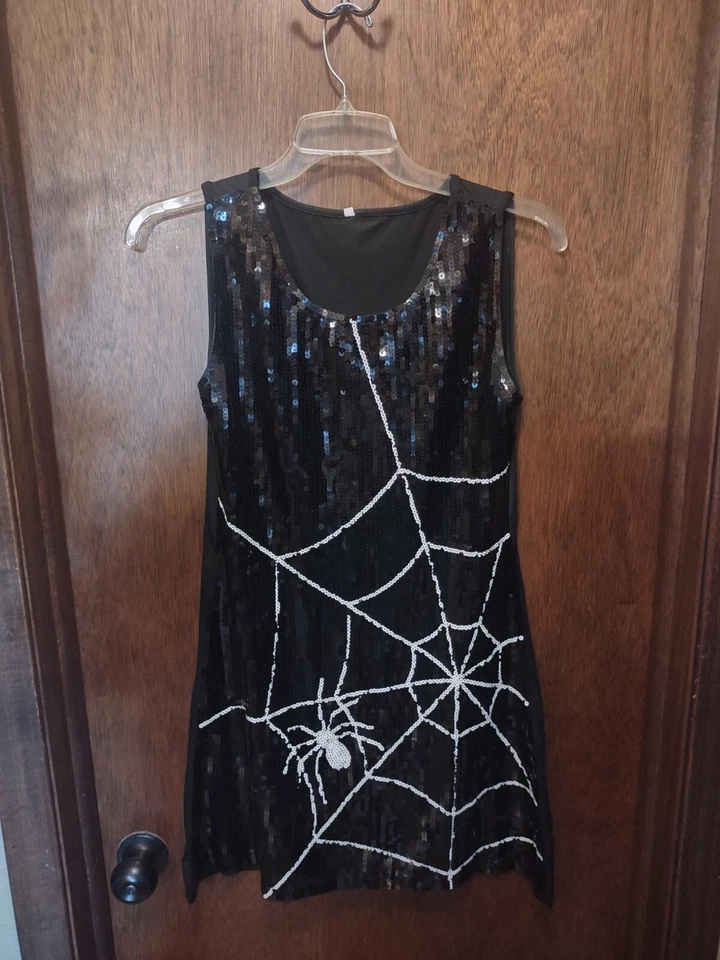 Adulto Negro Telaraña Negro Vestido Lentejuelas Mujer Halloween Bruja Disfraz M L Foto 2 de 3
