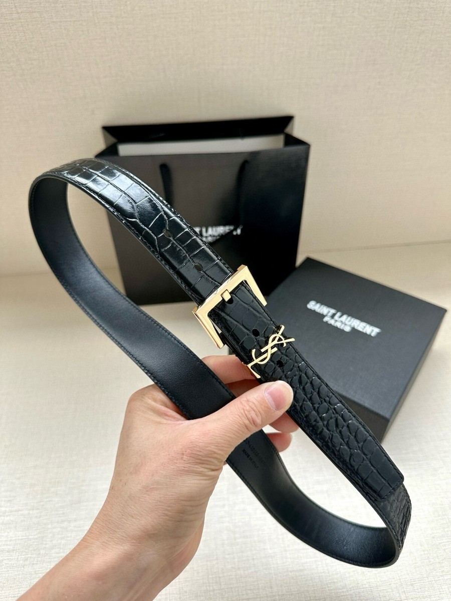 Yves saint Laurent Belt黒レザー ベルト 金色バックル Saint Laurent Gold YSL Logo Genuine Calfskin Black Leather