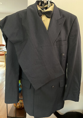 Mens 2 Pc Bachrach Suit Double Breast Navy Window Pane Wool Suit 42T  36 X34 