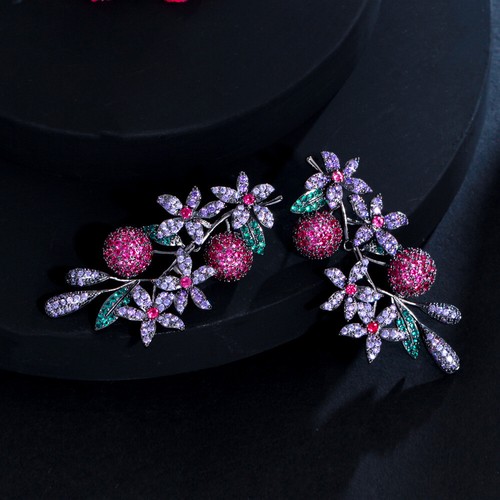 Pendientes largos redondos de flores de plata 925 con circonita cúbica rosa roja púrpura joyería de moda - Imagen 9 de 10