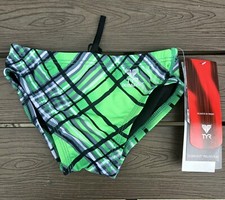 New TYR Youth Boy's Durafast Pacific Green Plaid Swim Racer Brief SZ 22 New