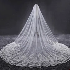 Sheer Embroidered Illusion Lace Veil with Comb Cathedral Length Wedding Bride