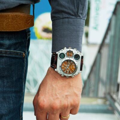 Two Time Zones Men Army Sports Fashion Big Dial Leather Strap
