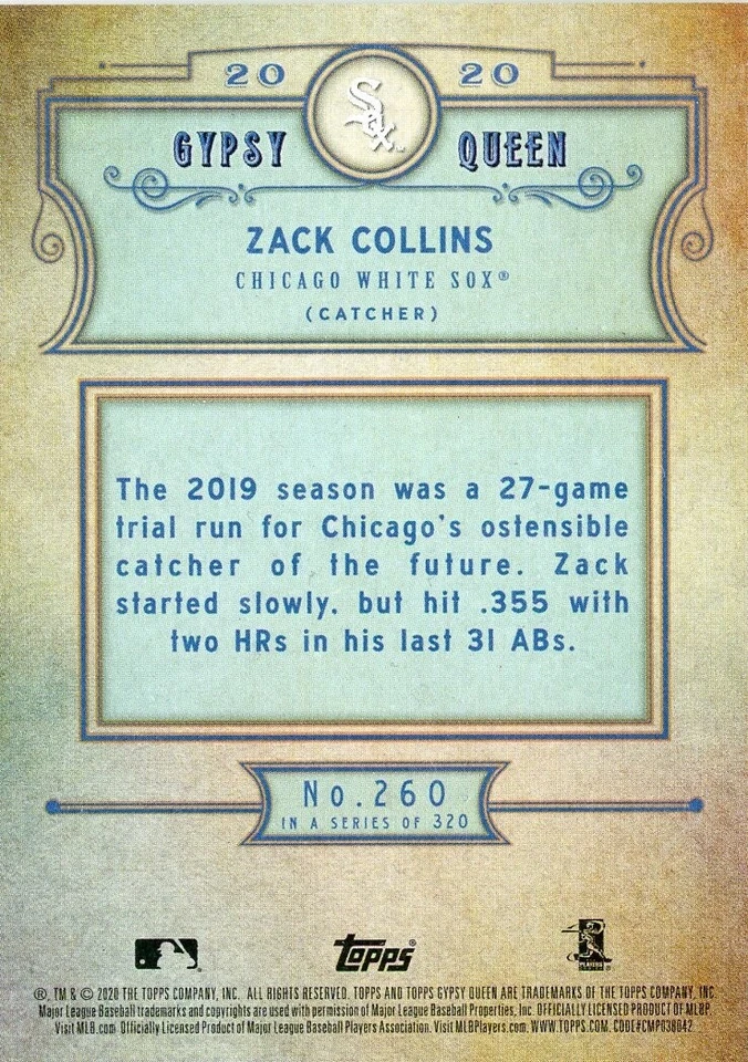 2020 Topps Gypsy Queen Rookie Green Parallel Zack Collins Chicago White Sox #260 - Image 2 of 2