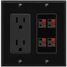RiteAV 4 Port Speaker Wire Plug Jack Wall Plate - Outlet [Black/Black]