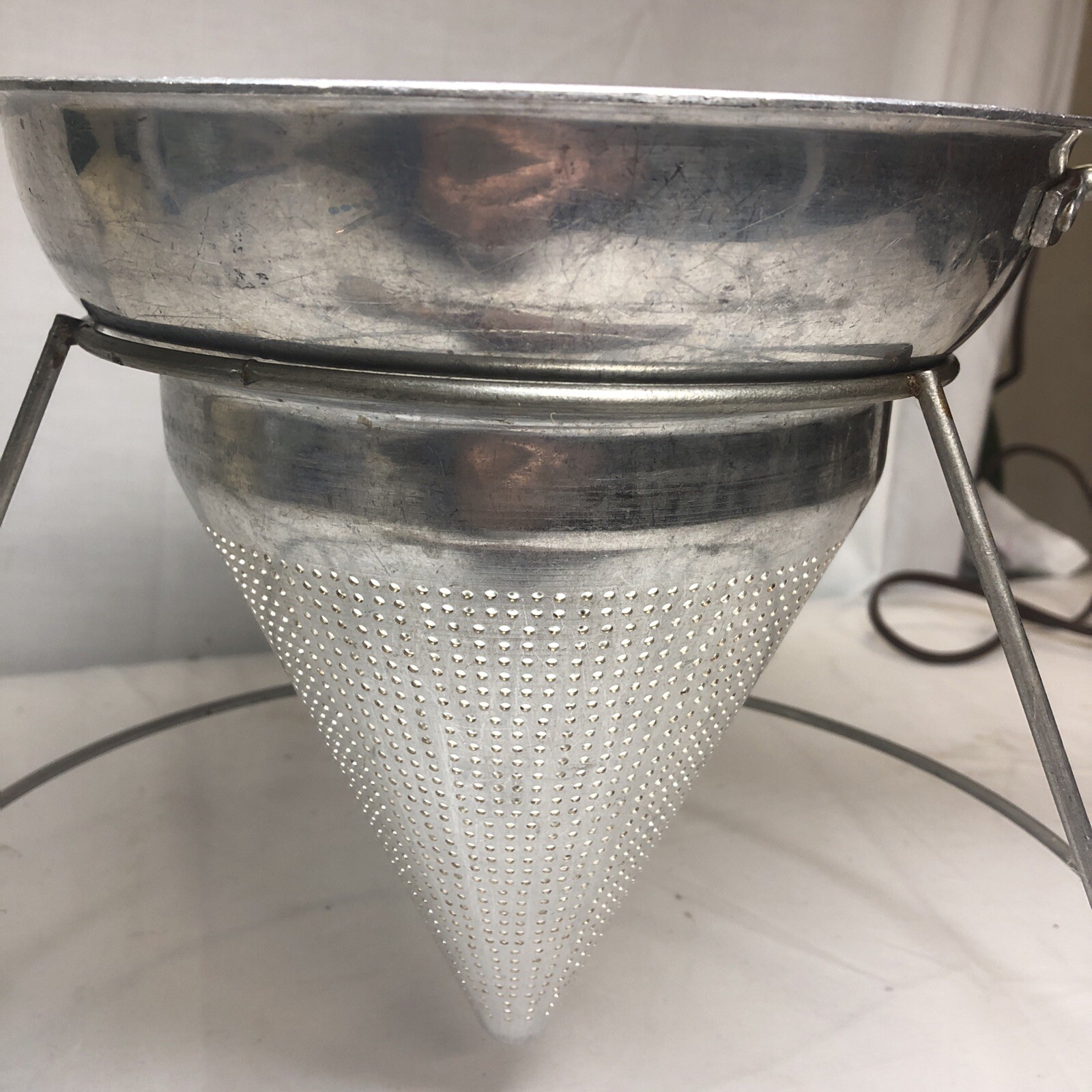 Vintage Aluminum Cone Colander Sieve Masher Strainer Juicer with Stand