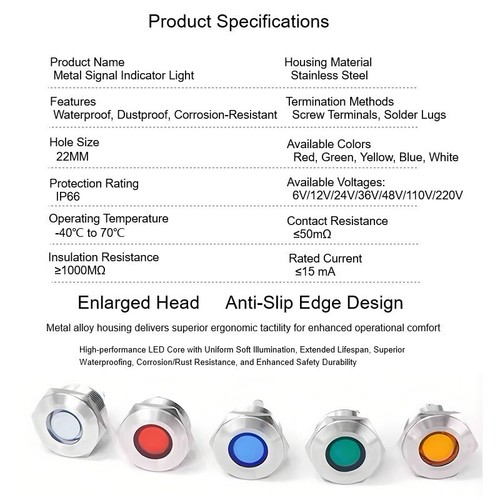 22mm Metal Signal Light IP66 LED6V Panel Curved Surface Industrial Control Grade - Picture 7 of 19