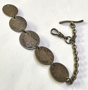 Antique 1890 US Silver Coin WATCH FOB Love Token Liberty Seated Dime, Half Trime