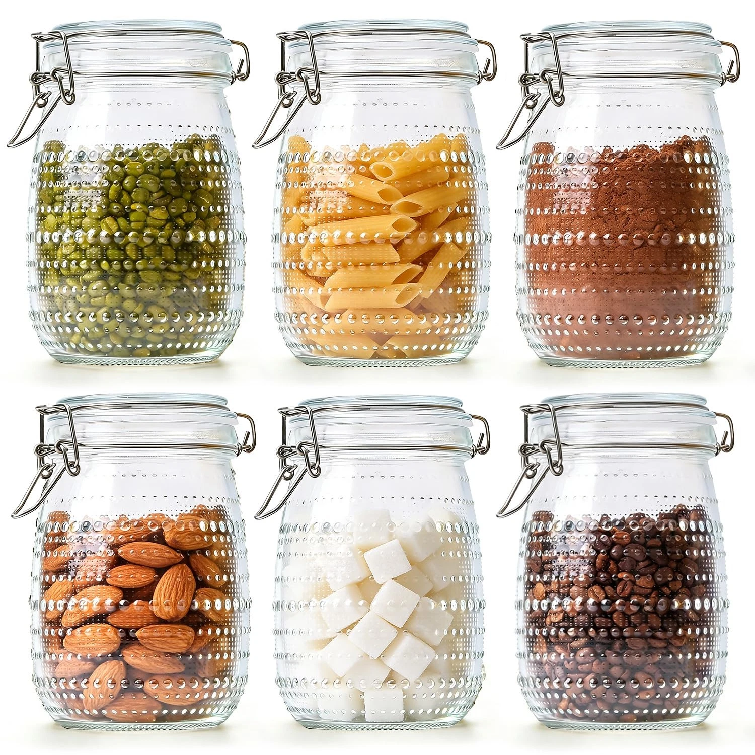 34oz / 6 Pack Glass Food Storage Jars with Airtight Lids, Vintage Hobnail Pat...