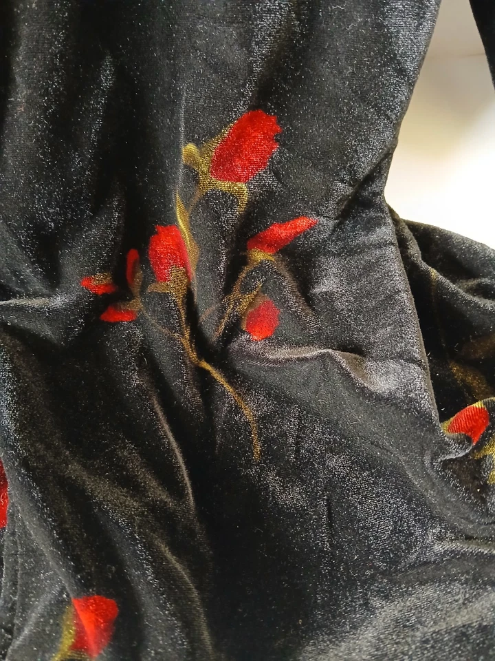 Vintage 90s Crushed Velvet Rose Blouse | Black Red Floral Button Down Top... - Image 3 of 4