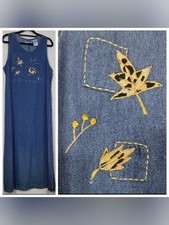 Vintage 90s Denim Jumper Dress Size S Embroidered Leaves Maxi Cottagecore