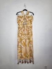 FARM FIO Jungle Chic Sand Midi Dress Women Large Halter Linen Blend Excellent