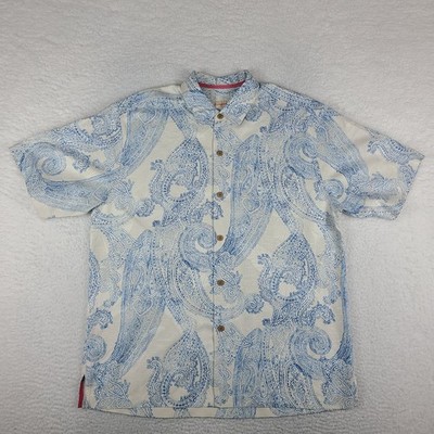 Tommy Bahama Shirt Mens Large Blue Beige Paisley Silk Preppy Hawaiian Button Up
