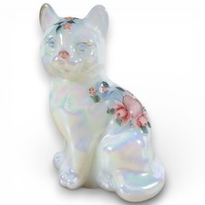 Fenton Glass Cat Iridescent White Pink Roses Hearts Hand Painted by D Anderson