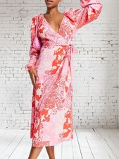 Asos Pink & Red Patchwork Floral Wrap Midi Dress Size 12 Long Sleeve 