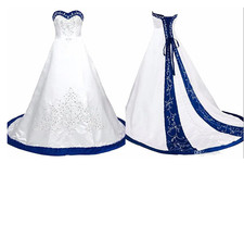 Royal Blue And White Wedding Dress Embroidery Princess Satin A line Lace up Back