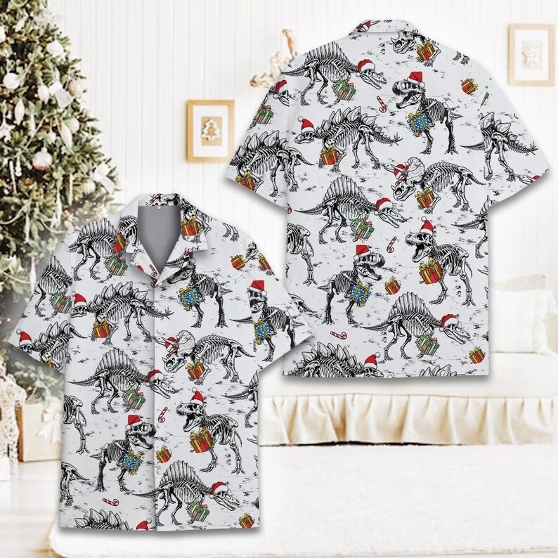 Camisa havaiana esqueleto de dinossauro de Natal presente engraçado Papai Noel Aloha férias top - Imagem 3 de 4
