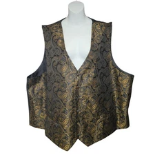 Barry Wang Men 4XL Silk Brocade Paisley Vest Black Gold Steampunk Formal Cosplay