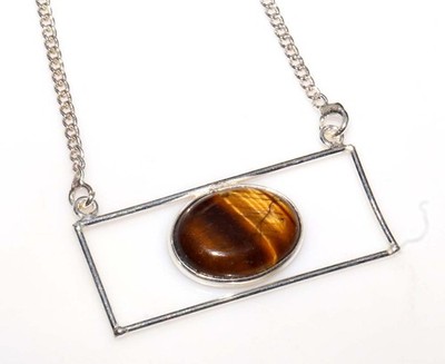 925 Silver Plated Beauty Oval Tiger Eye Necklace 19'' Layering Friendly Design GW