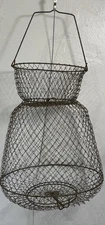 Vintage Fishing Metal Wire Fish Keeper Net Live Bait Basket Cage Collapsible