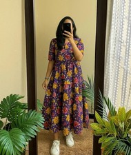 Beautiful Cotton Printed Middi Gown Dress Indian Bollywood Ethnic Kurta Set