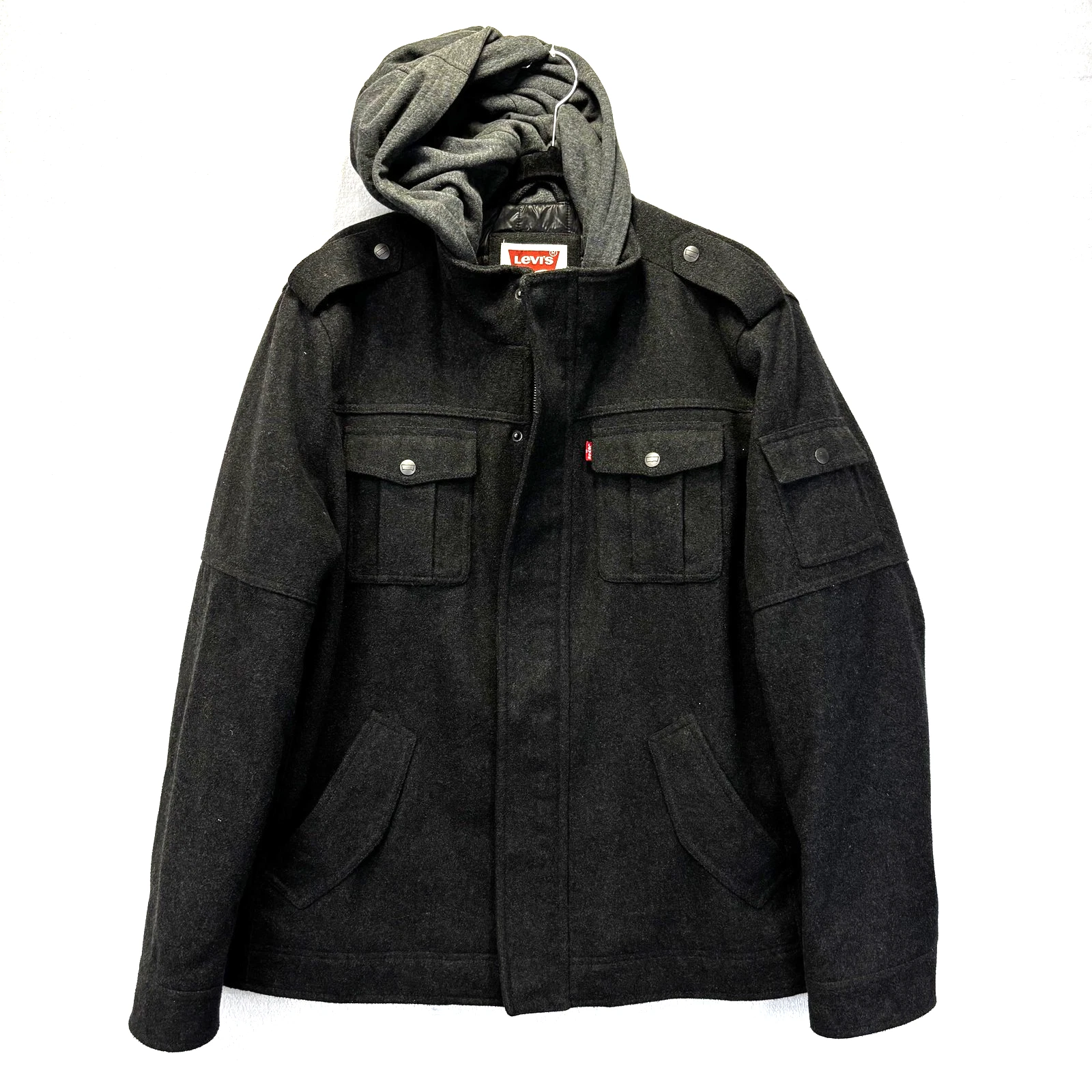 Levi's Wool Blend Hooded Jacket Quilted Mens XL Charcoal Gray Military Coat