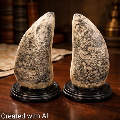 Vintage Nautical Shelf Decor Scrimshaw Whale Tooth Pirate Ship Treasure Map Pair
