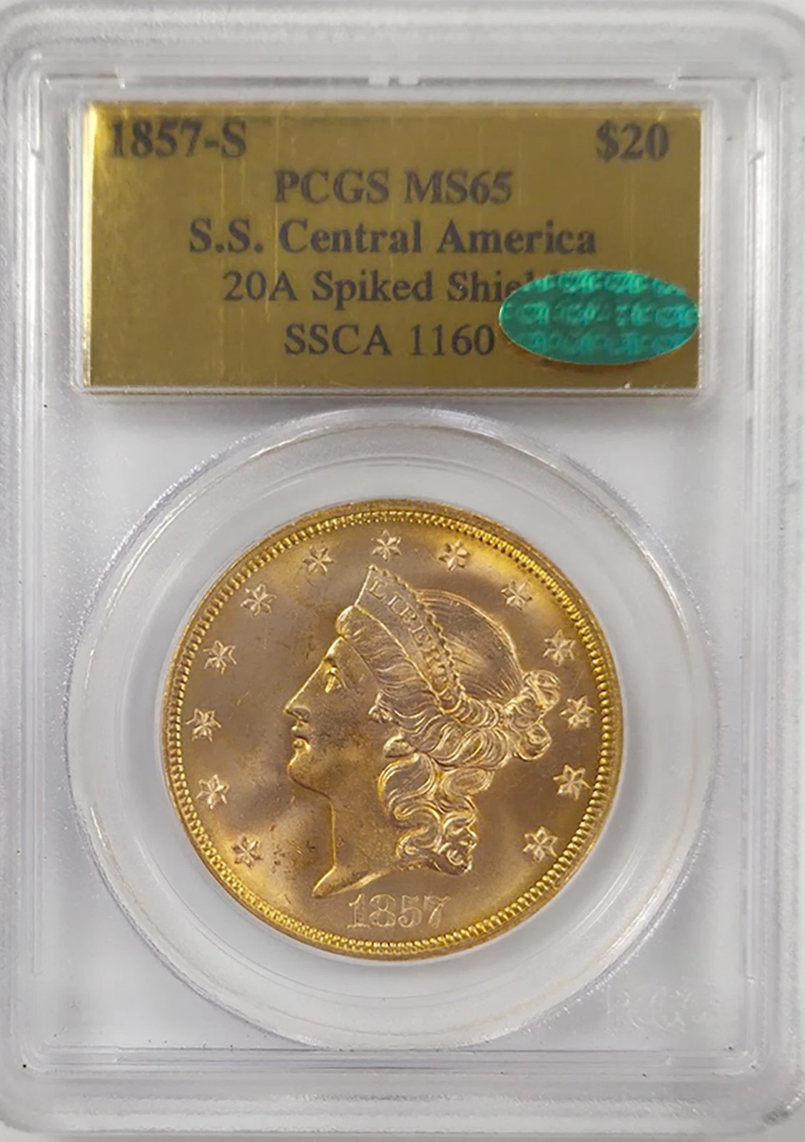 1857-S $20 Gold S.S. Central America 20A Spiked Shield  PCGS MS65 CAC SSCA 1160