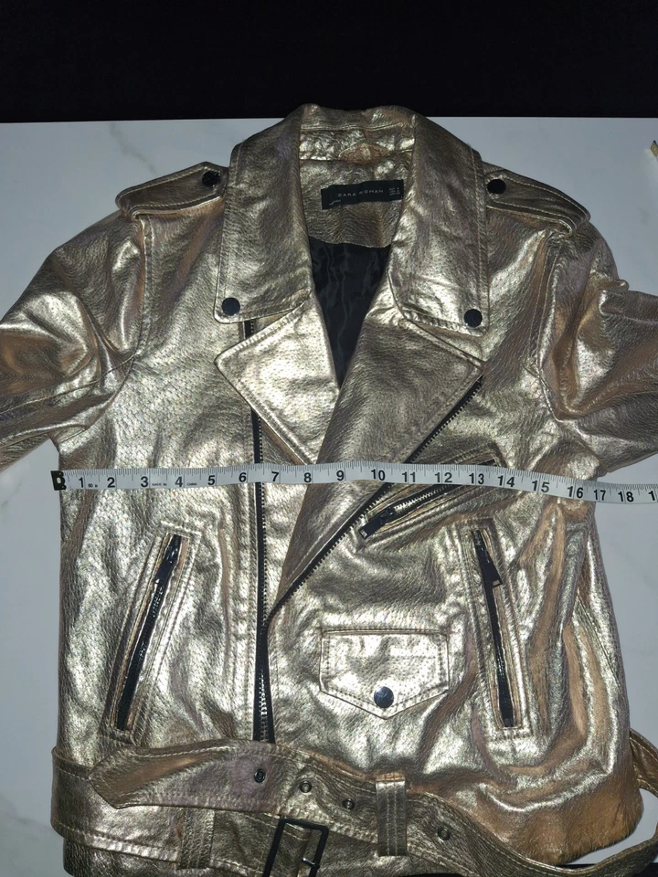 Zara Women's Rose Gold Metallic Leather Motorcycle Jacket Size M Full Zip EUC - Image 3 of 4