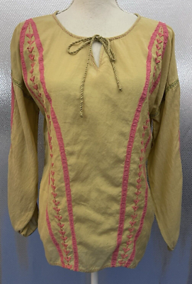 #ad #ad Sundance Top Womens Sz S Mustard Gold Pink Embroidered Boho Tie Neck Tunic $16.99