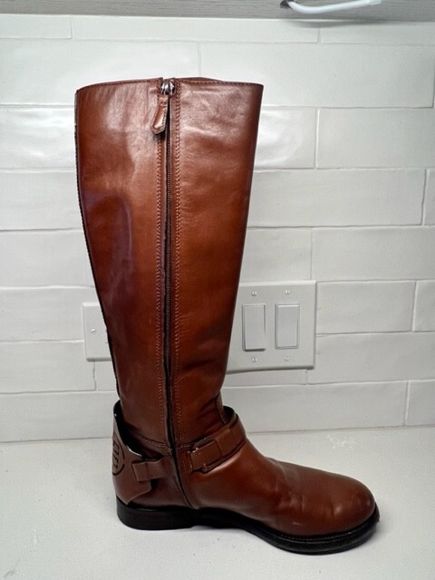 Tory Burch Derby Leather Riding Boot In Almond Brown Back Logo Sz 