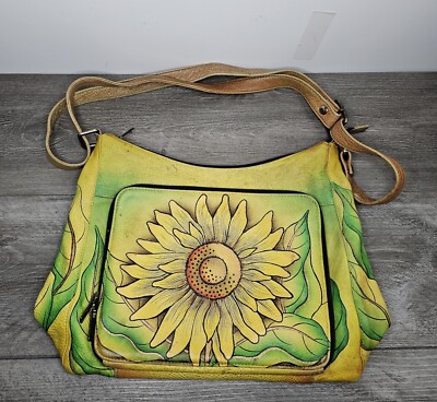 Anuschka Sunflower Safari Hand Painted Genuine Leather Shoulder Bag Cross  Body