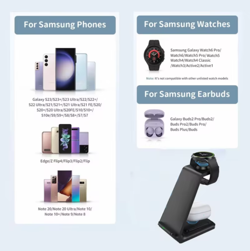 💥Soporte Cargador Inalámbrico 3 en 1 para Reloj Samsung Galaxy S23 S22 S21 6 Pro/5/4/3 - Imagen 9 de 12