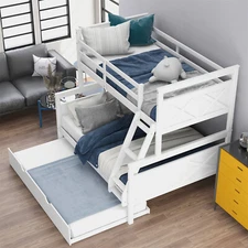 Twin Over Full Size Wood Bunk Bed Frame Triple Bed With Trundle And Ladder White